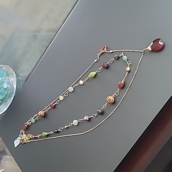 Carnelian Teardrop Pendant Necklace 14kt Gold Filled Half Moon with Dangles - Picture 7 of 8